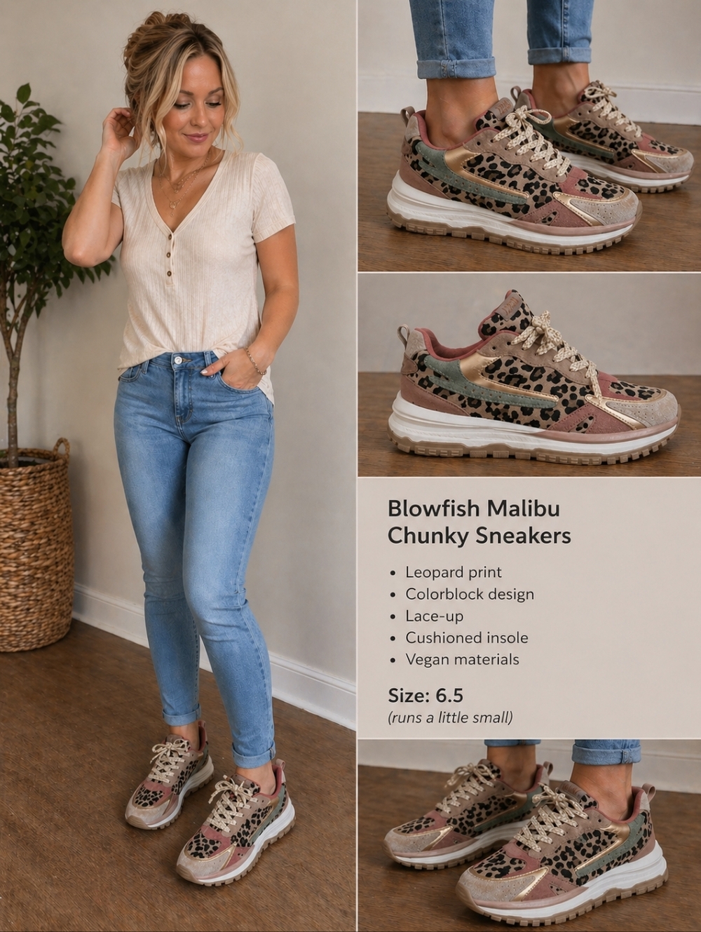 Blowfish Malibu "Leo" leopard print sneakers with colorblock + metallic accents